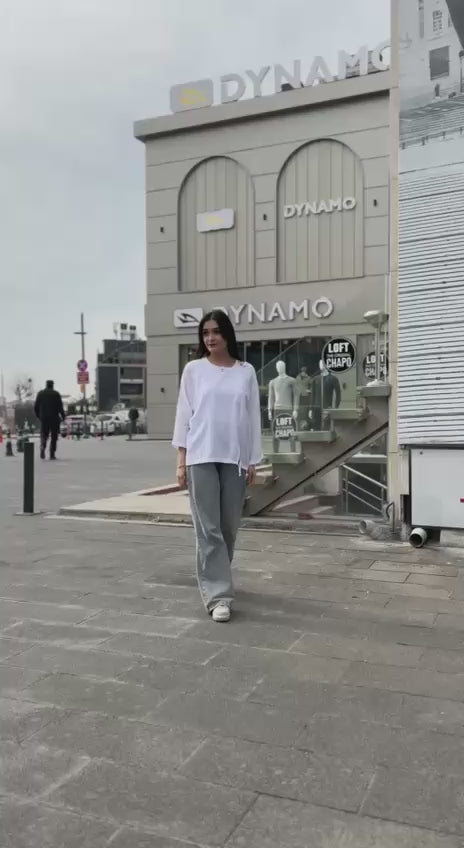 Beyaz, %100 Pamuk, Cep Kısmı Payet İşli, Beli İp Ayarlı, Dokulu Bluz/Gömlek / STD Beden, 36/42