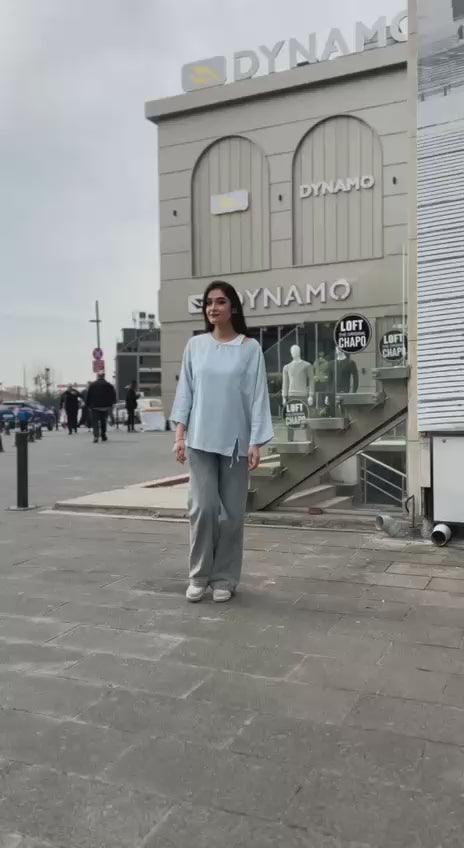 Mavi, %100 Pamuk, Cep Kısmı Payet İşli, Beli İp Ayarlı, Dokulu Bluz/Gömlek / STD Beden, 36/42